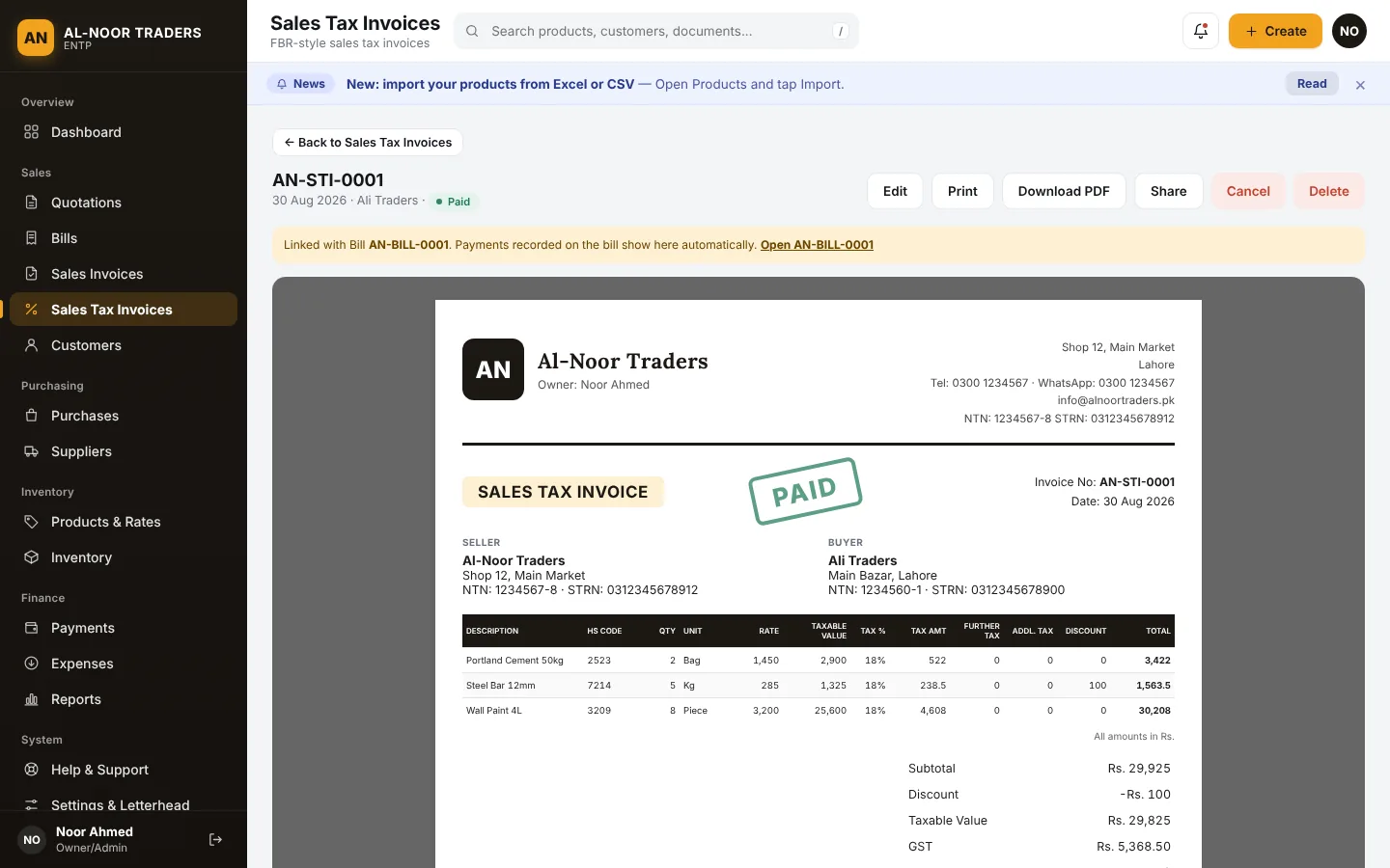 A GST invoice with NTN, STRN, HS codes and a Paid stamp