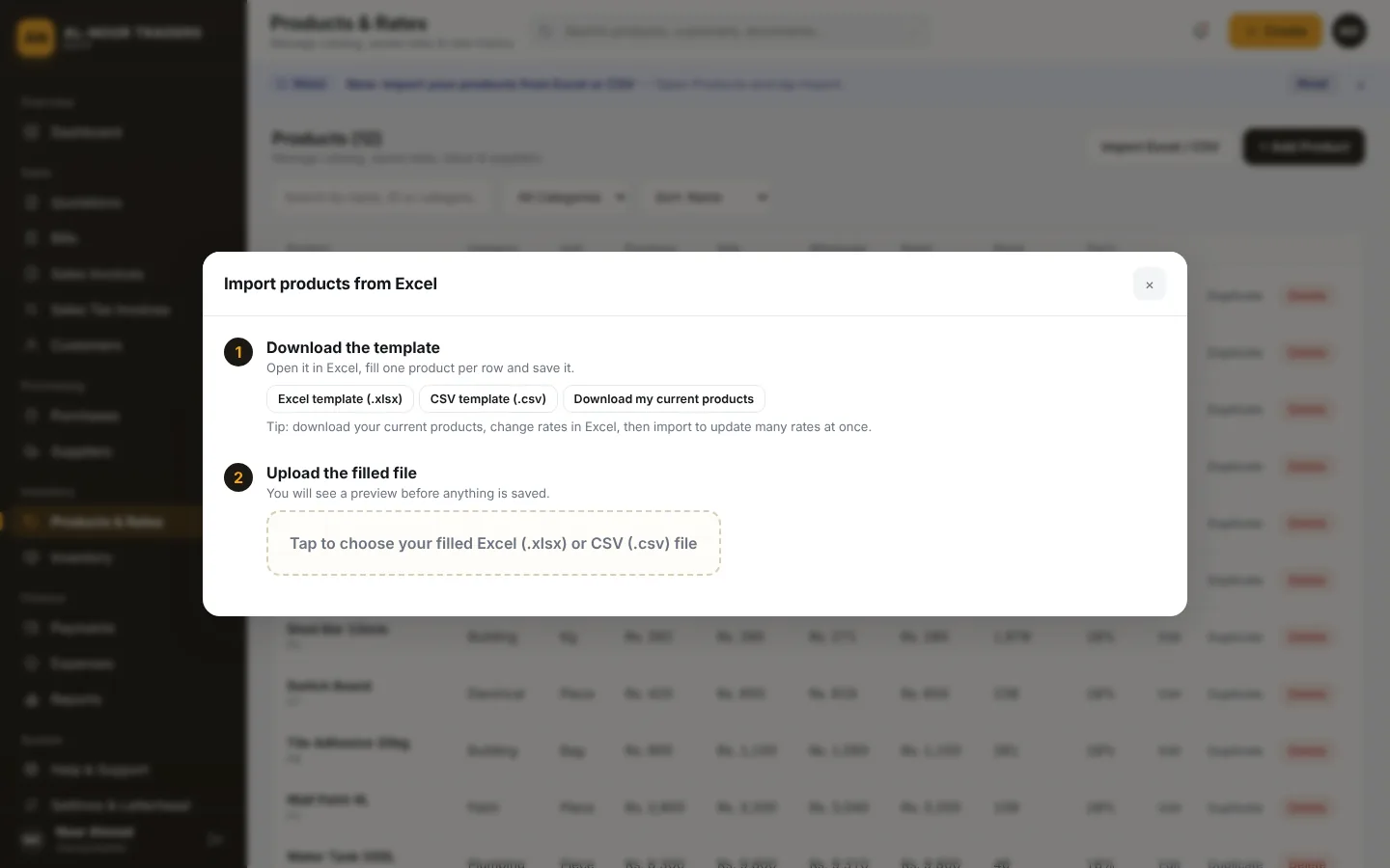 Import products from Excel or CSV with downloadable templates