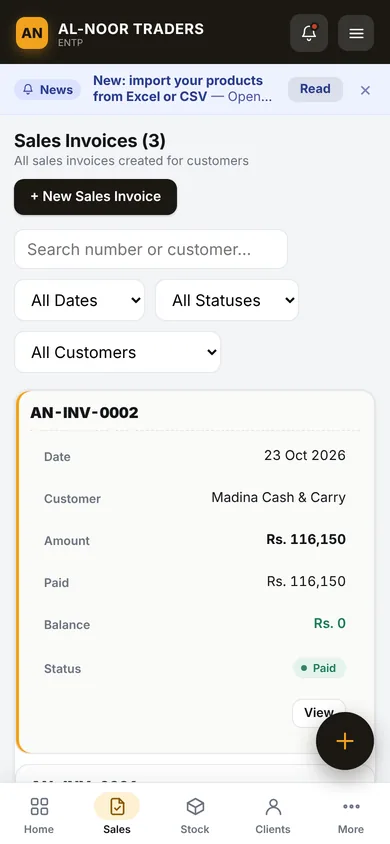 Invoices list on mobile