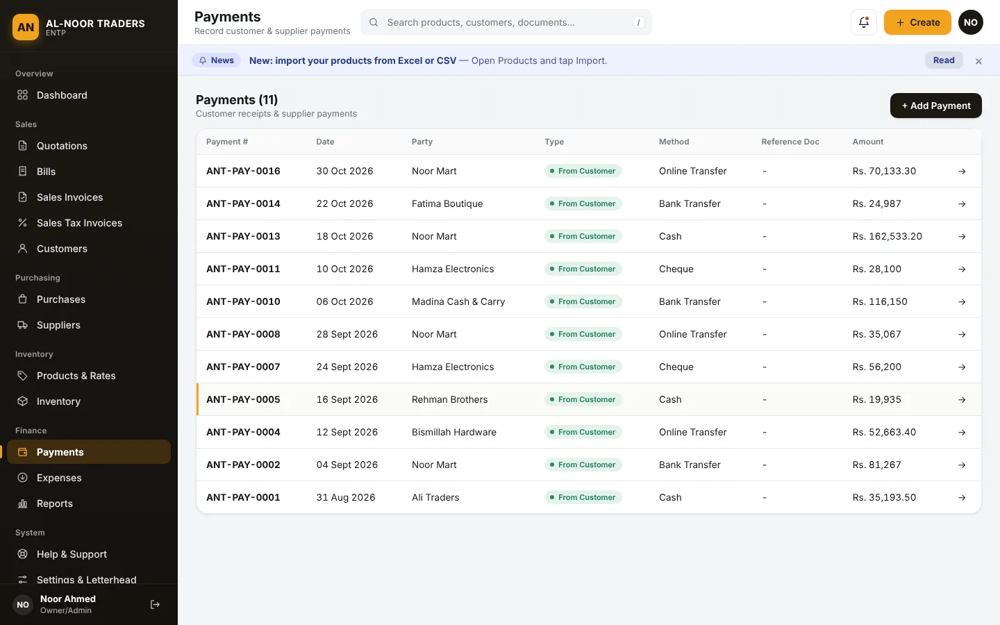 Payments list showing received amounts against invoices
