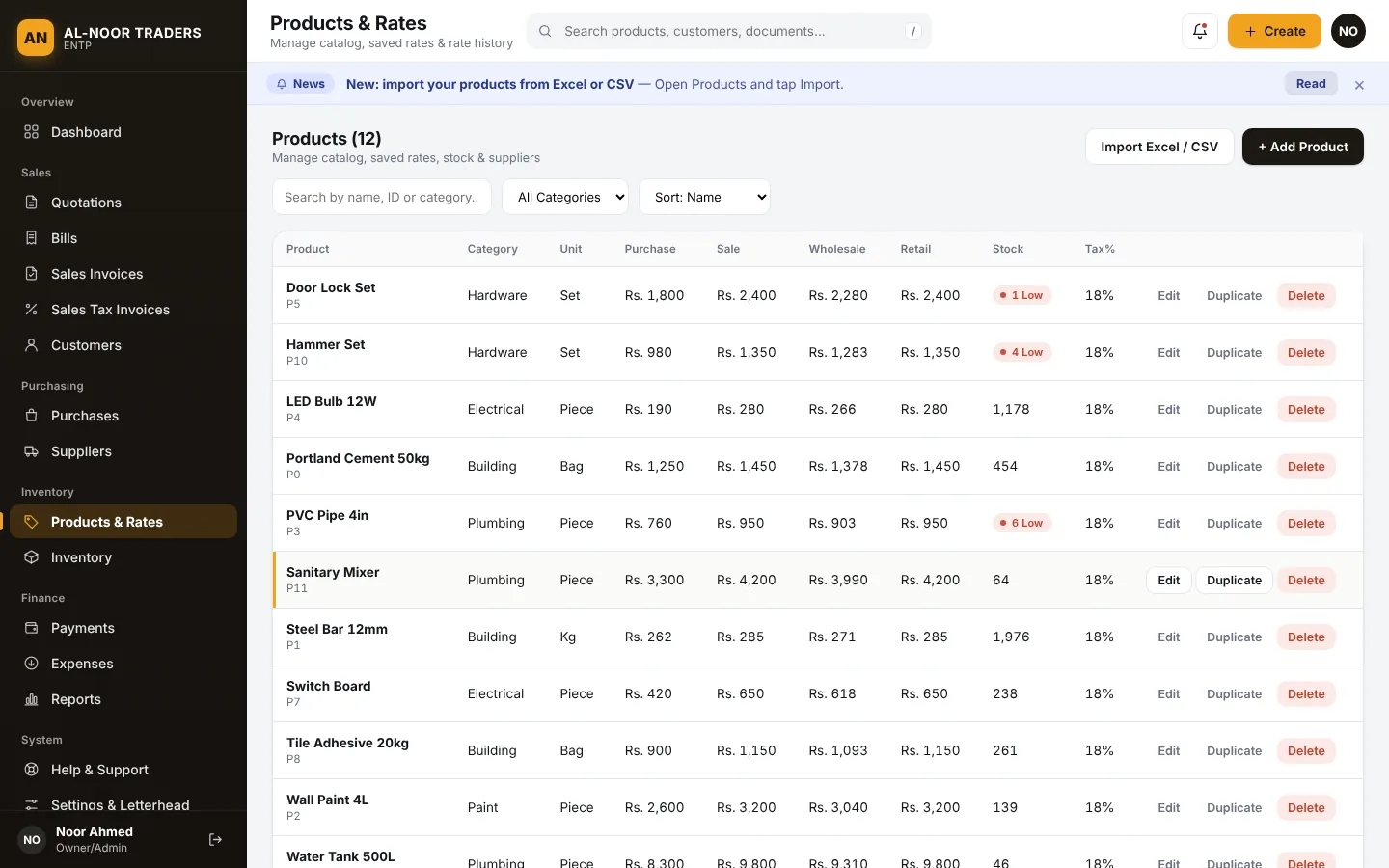 Product list with rates, stock and low stock badges