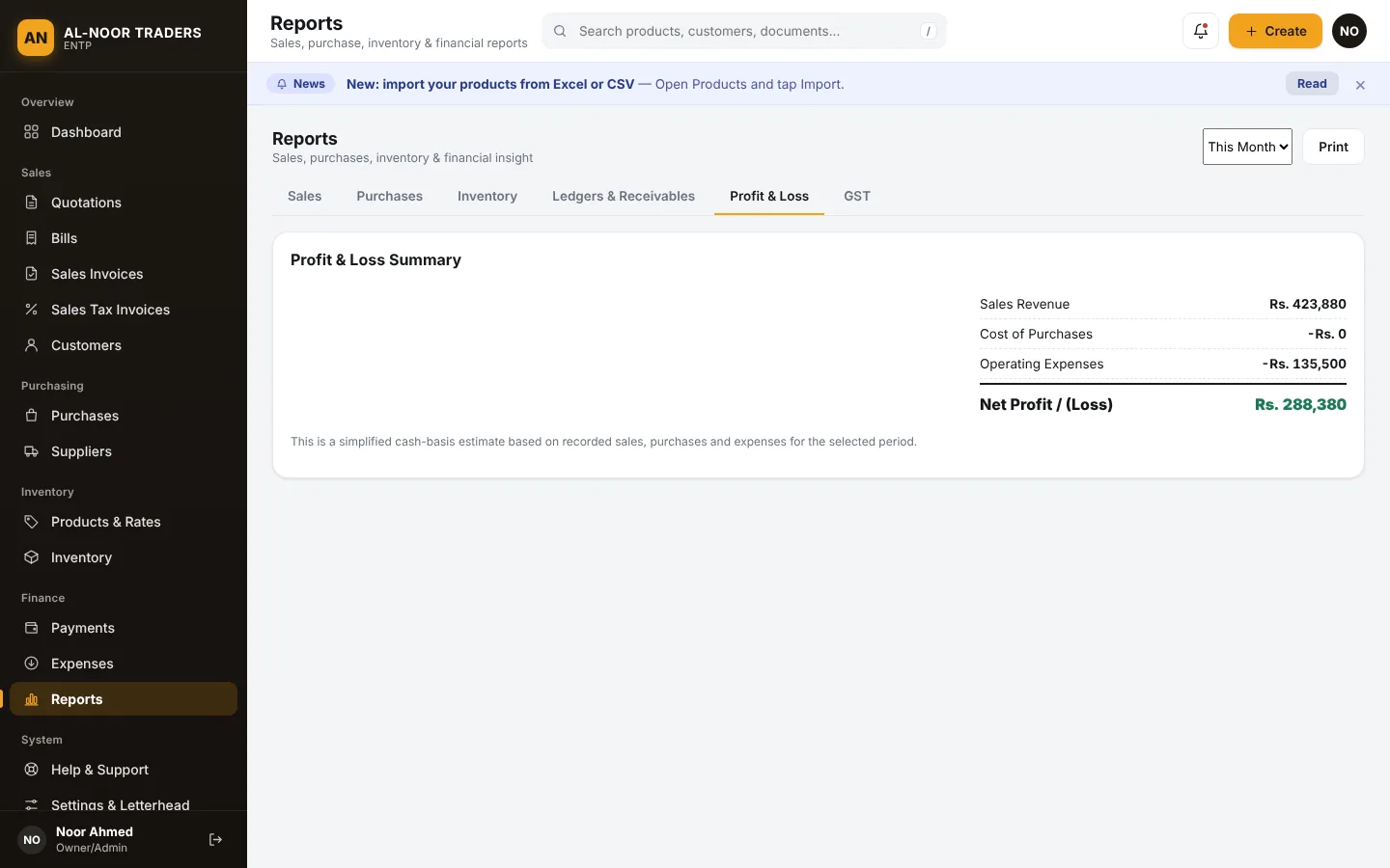 Profit and loss report