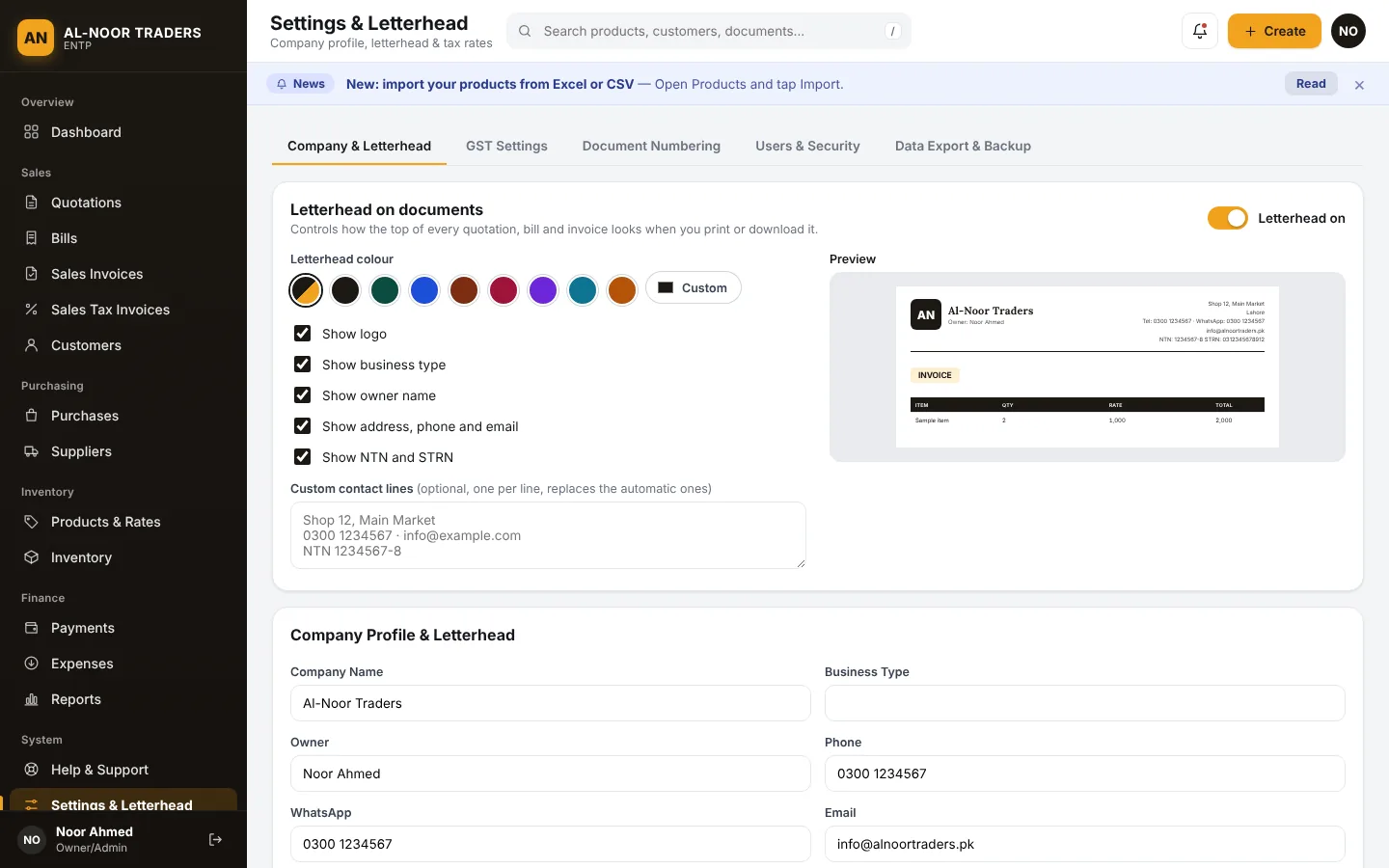 Users and access screen to add staff logins